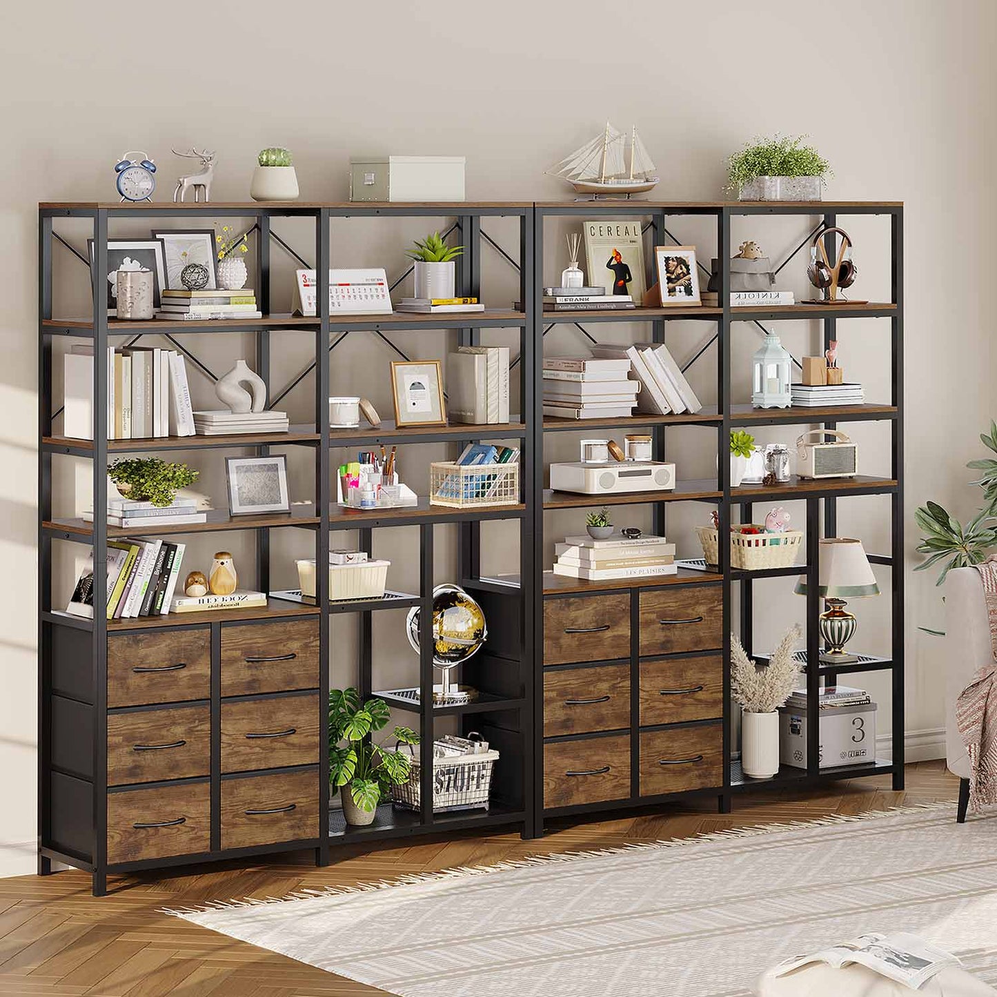 HAUOMS Corner Bookshelf Rustic Brown 7-Tier Tall Convertible Book Shelf with 6 Fabric Drawers Rustic Brown