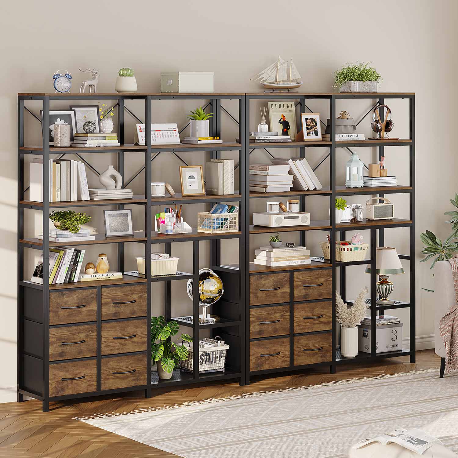 HAUOMS Corner Bookshelf Rustic Brown 7-Tier Tall Convertible Book Shelf with 6 Fabric Drawers Rustic Brown