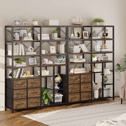 HAUOMS Corner Bookshelf Rustic Brown 7-Tier Tall Convertible Book Shelf with 6 Fabric Drawers Rustic Brown