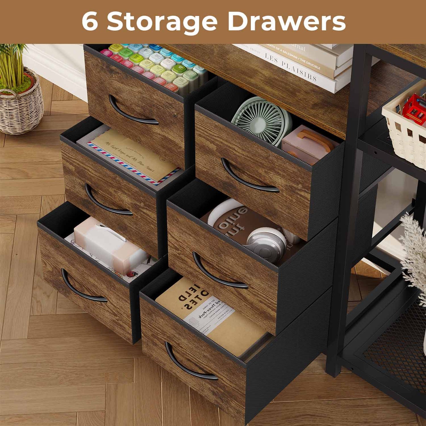 HAUOMS Corner Bookshelf Rustic Brown 7-Tier Tall Convertible Book Shelf with 6 Fabric Drawers Rustic Brown