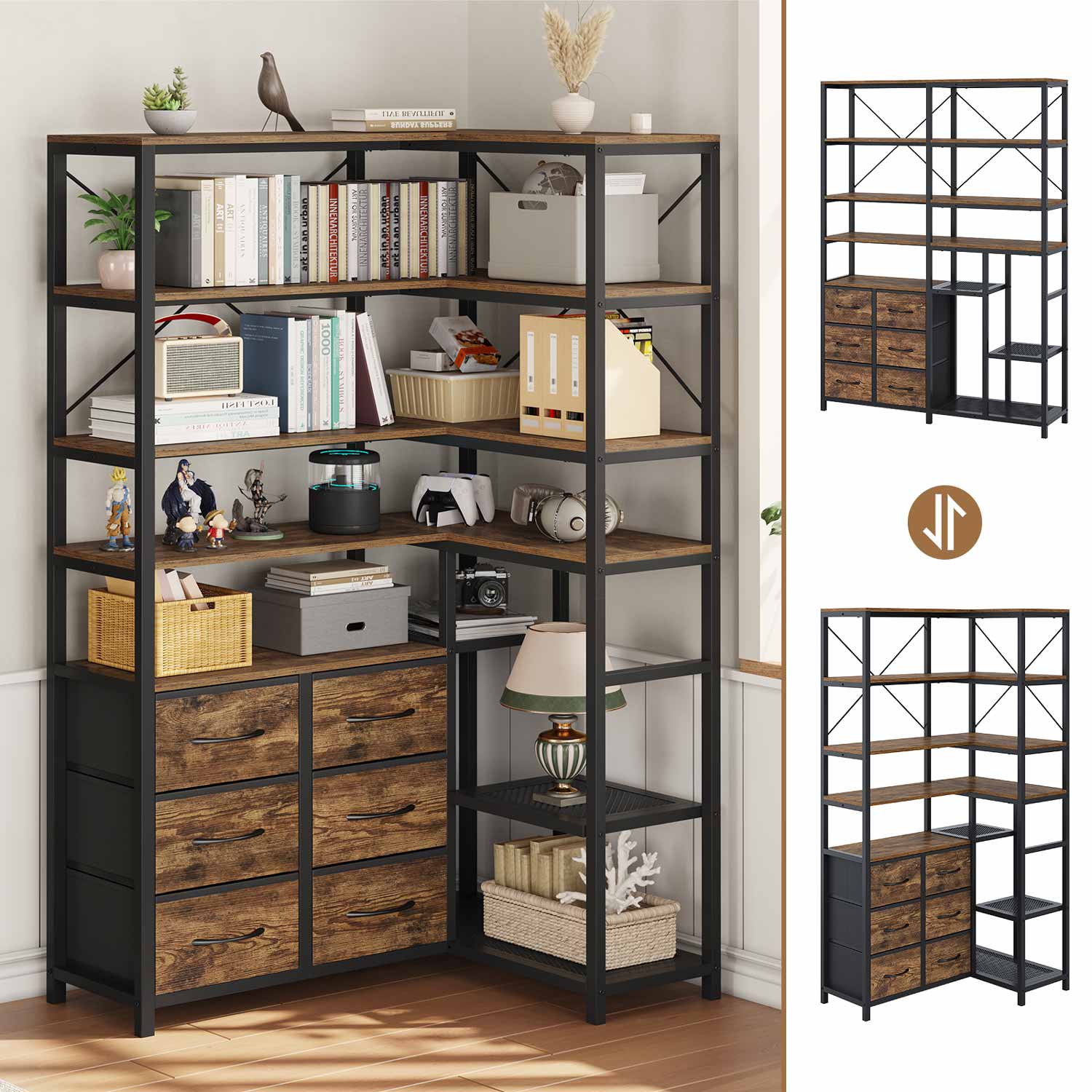 HAUOMS Corner Bookshelf Rustic Brown 7-Tier Tall Convertible Book Shelf with 6 Fabric Drawers Rustic Brown