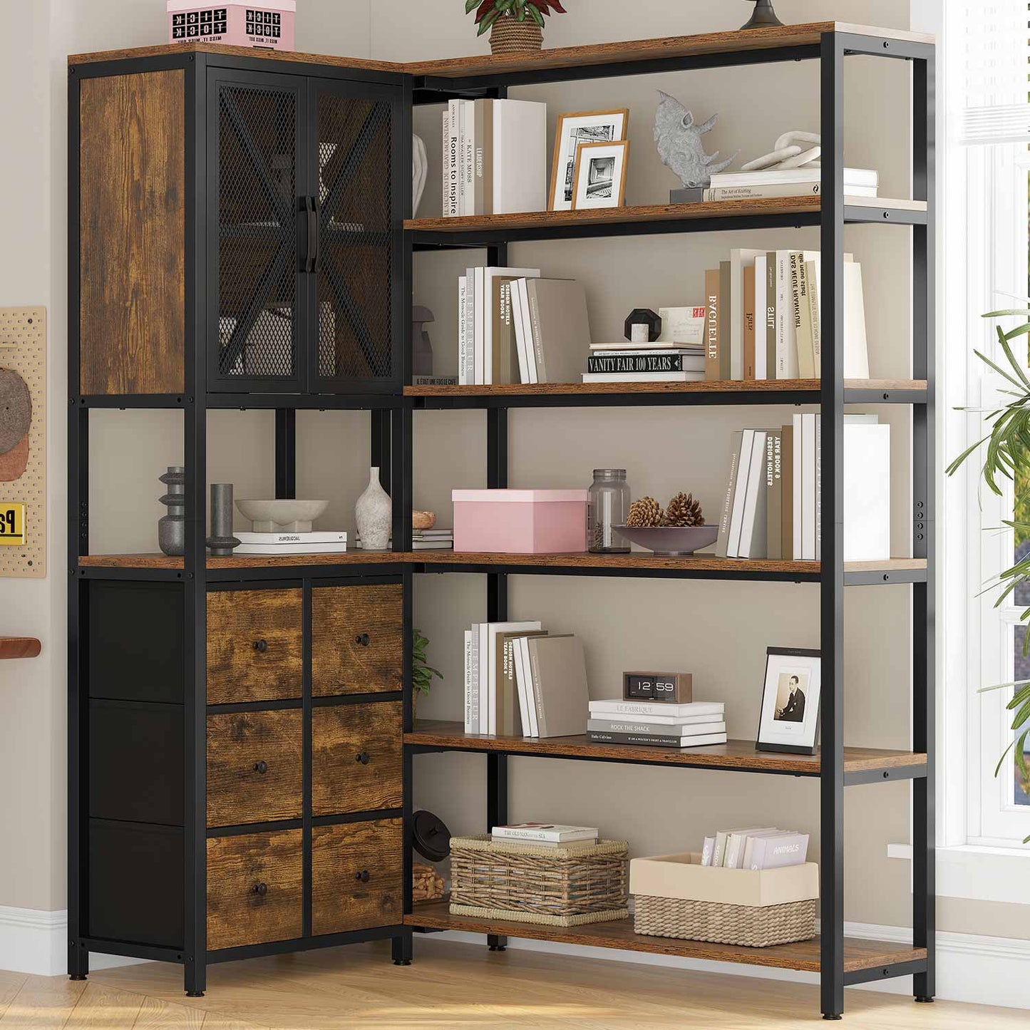 HAUOMS Corner Bookshelf Rustic Brown Corner Bookcase Large L Shaped Storage Display Shelf, Rustic Brown