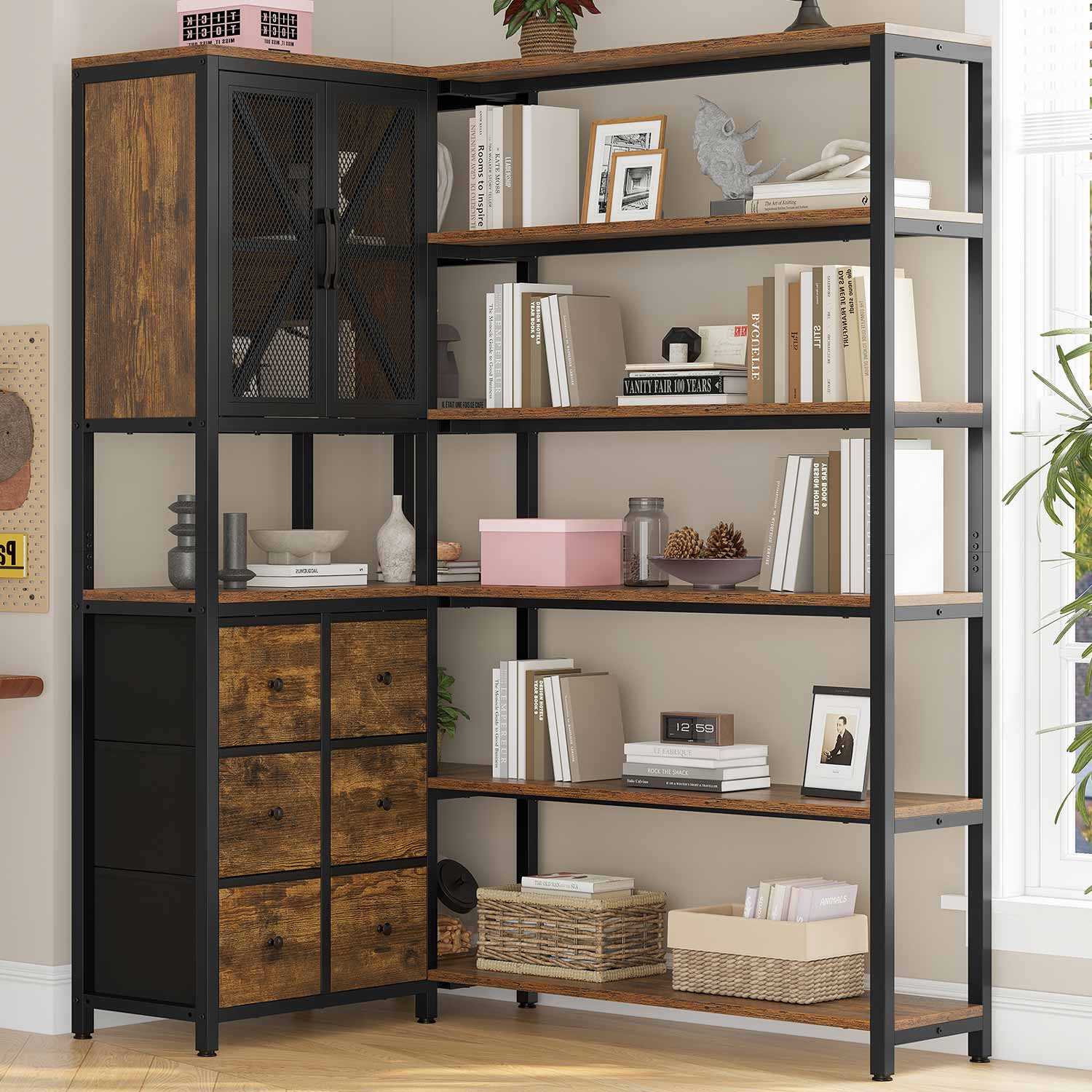 HAUOMS Corner Bookshelf Rustic Brown Corner Bookcase Large L Shaped Storage Display Shelf, Rustic Brown