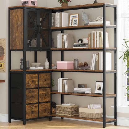 HAUOMS Corner Bookshelf Rustic Brown Corner Bookcase Large L Shaped Storage Display Shelf, Rustic Brown