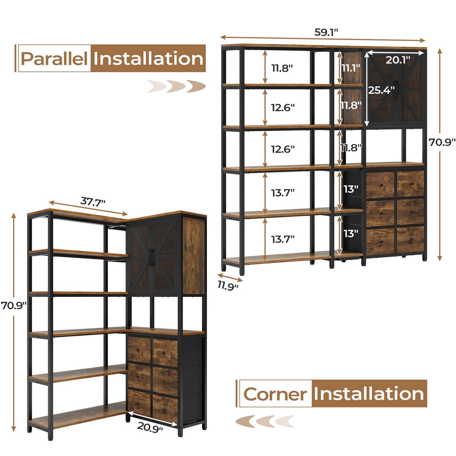 HAUOMS Corner Bookshelf Rustic Brown Corner Bookcase Large L Shaped Storage Display Shelf, Rustic Brown