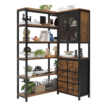 HAUOMS Corner Bookshelf Rustic Brown Corner Bookcase Large L Shaped Storage Display Shelf, Rustic Brown