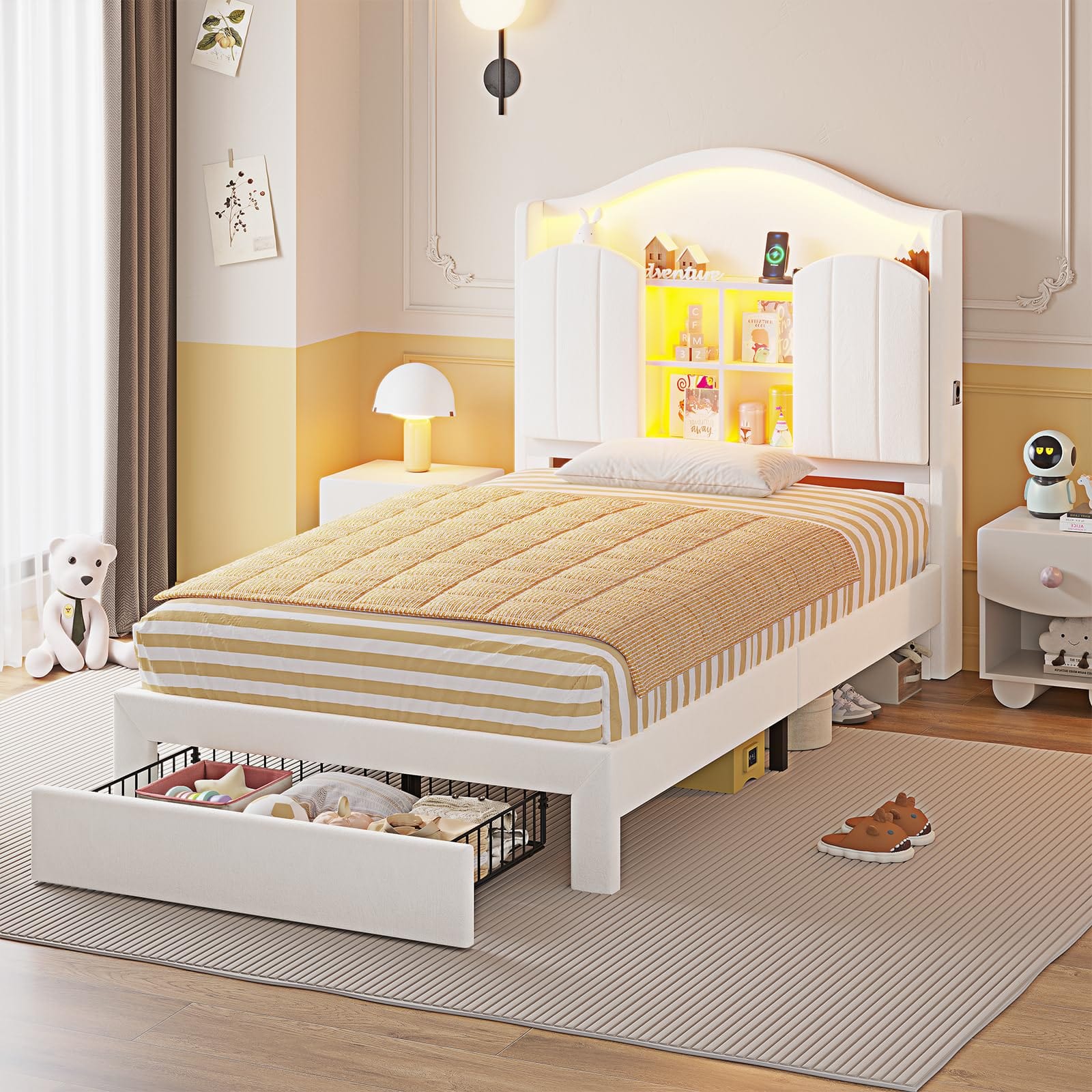 HAUOMS Creamy White With Drawer Twin Size Bed Frame with LED Lights White