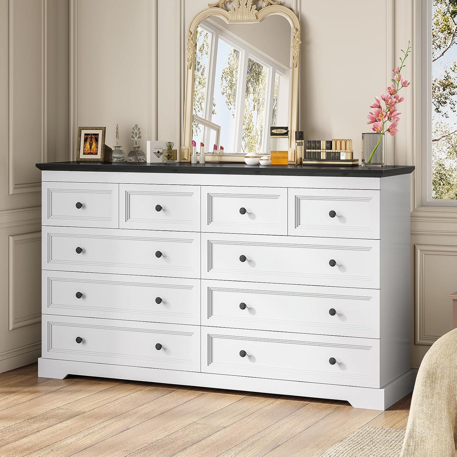HAUOMS Dresser 10 Drawers Dresser Black & White