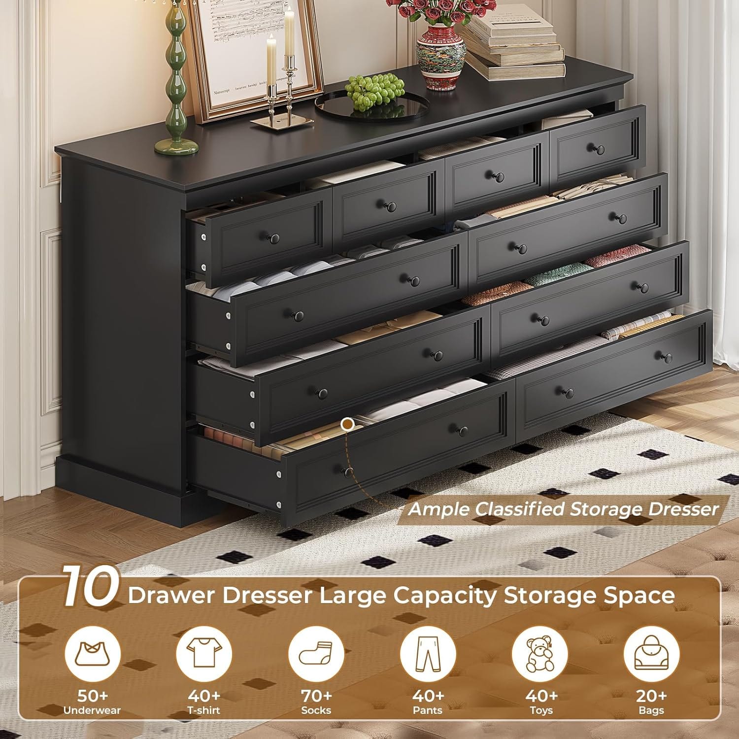 HAUOMS Dresser Black 10 Drawers Dresser Black
