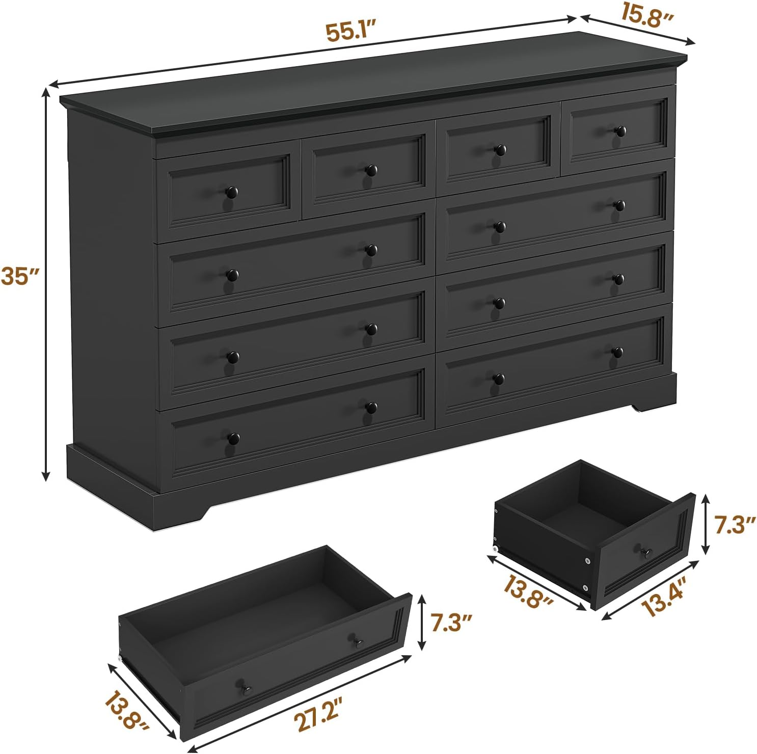 HAUOMS Dresser Black 10 Drawers Dresser Black