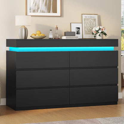 HAUOMS Dresser Black 6 Drawer Dresser with LED Light, Black