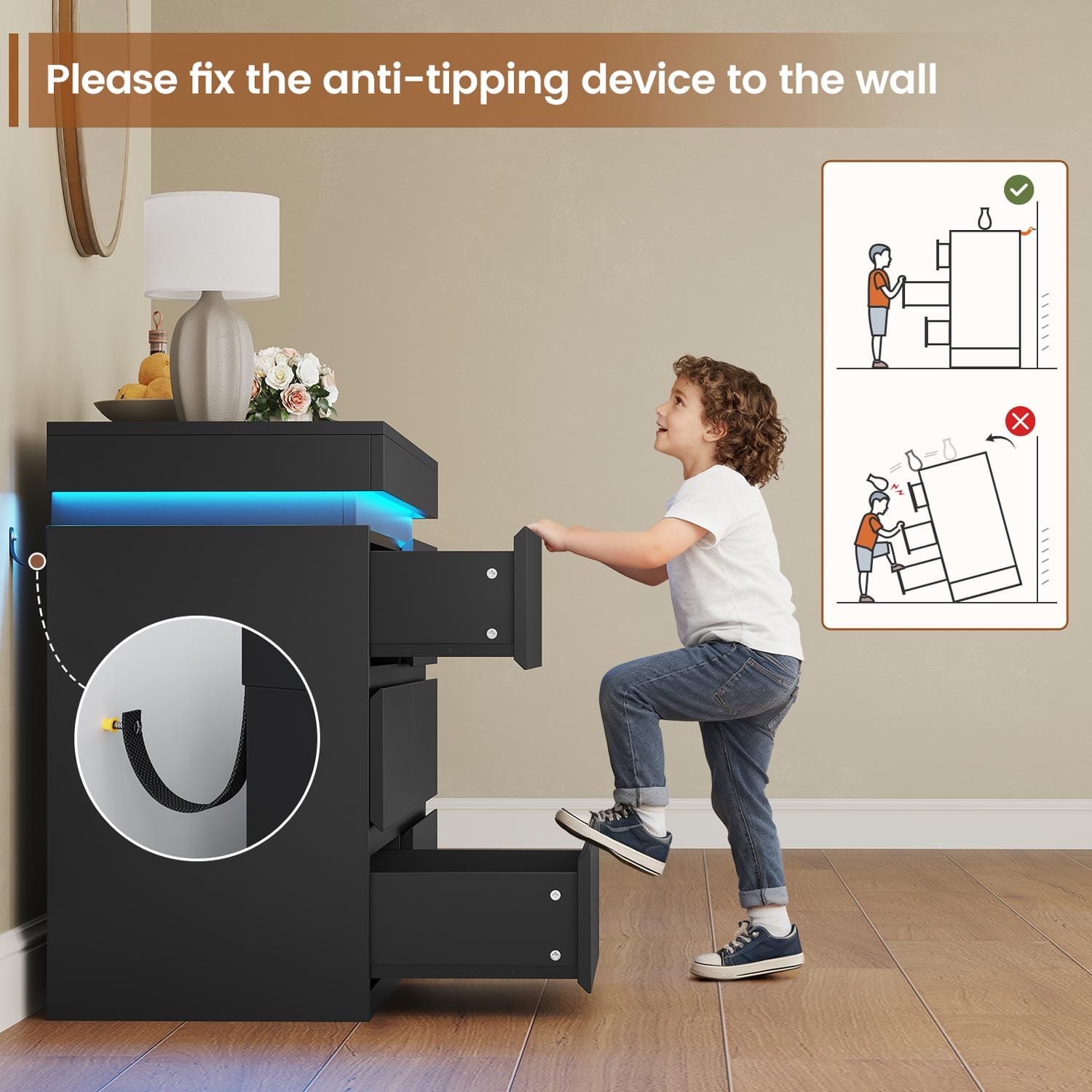 HAUOMS Dresser Black 6 Drawer Dresser with LED Light, Black