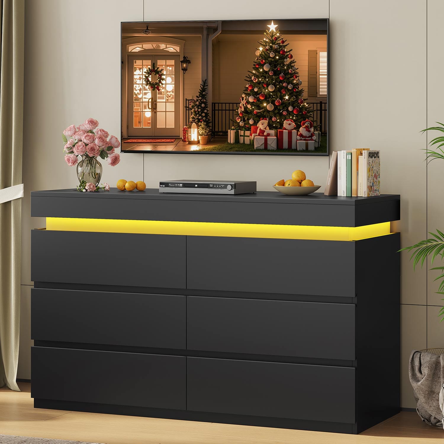 HAUOMS Dresser Black 6 Drawer Dresser with LED Light, Black