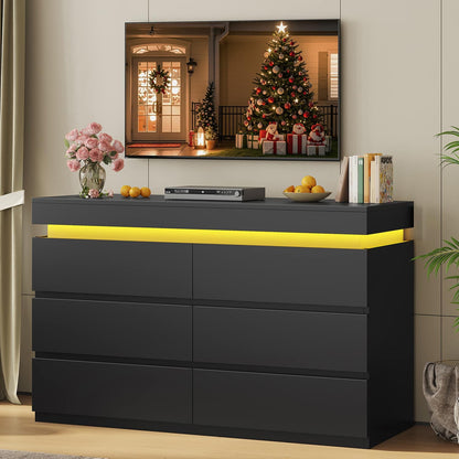 HAUOMS Dresser Black 6 Drawer Dresser with LED Light, Black