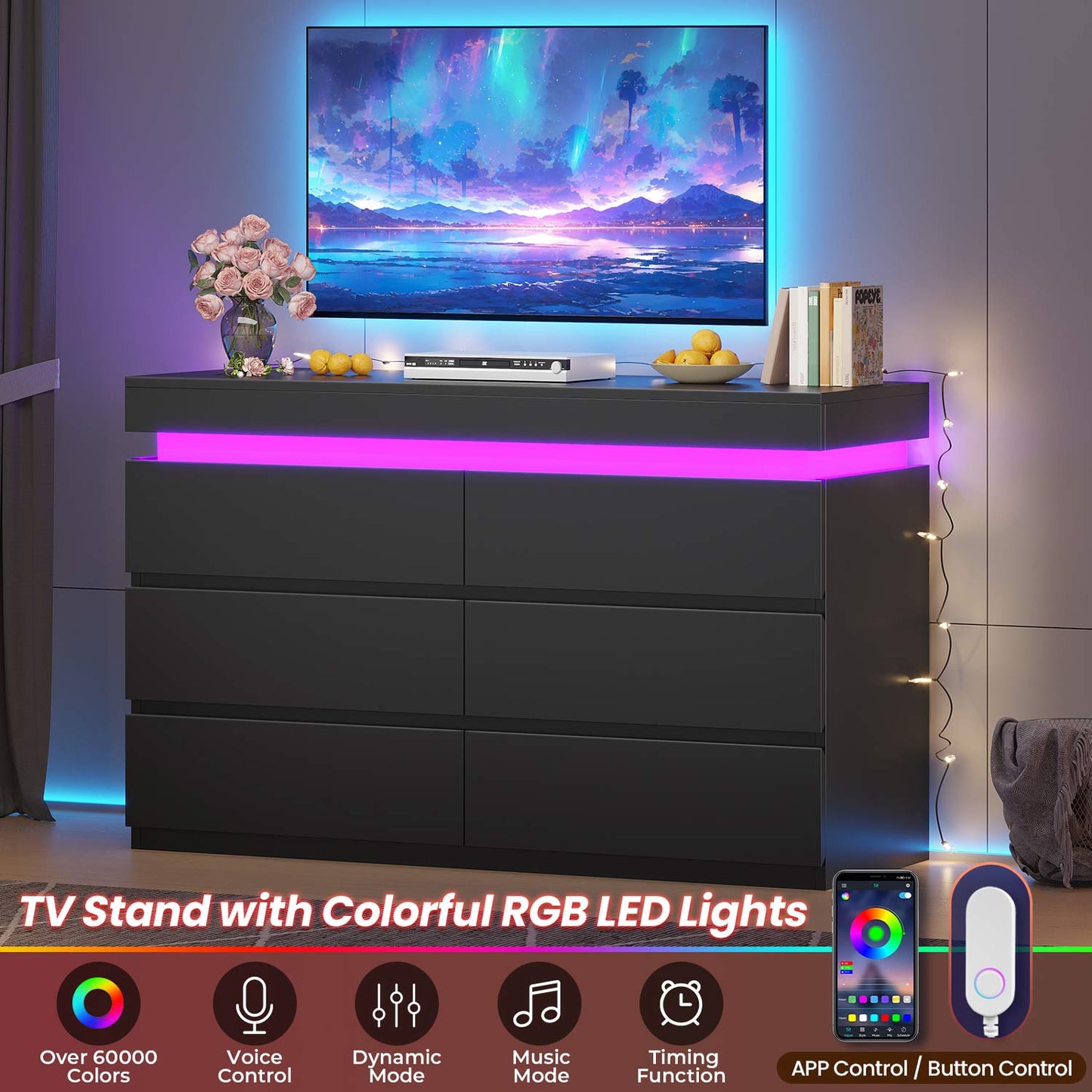 HAUOMS Dresser Black 6 Drawer Dresser with LED Light, Black