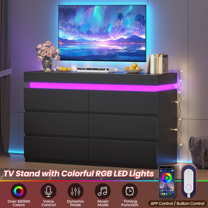 HAUOMS Dresser Black 6 Drawer Dresser with LED Light, Black