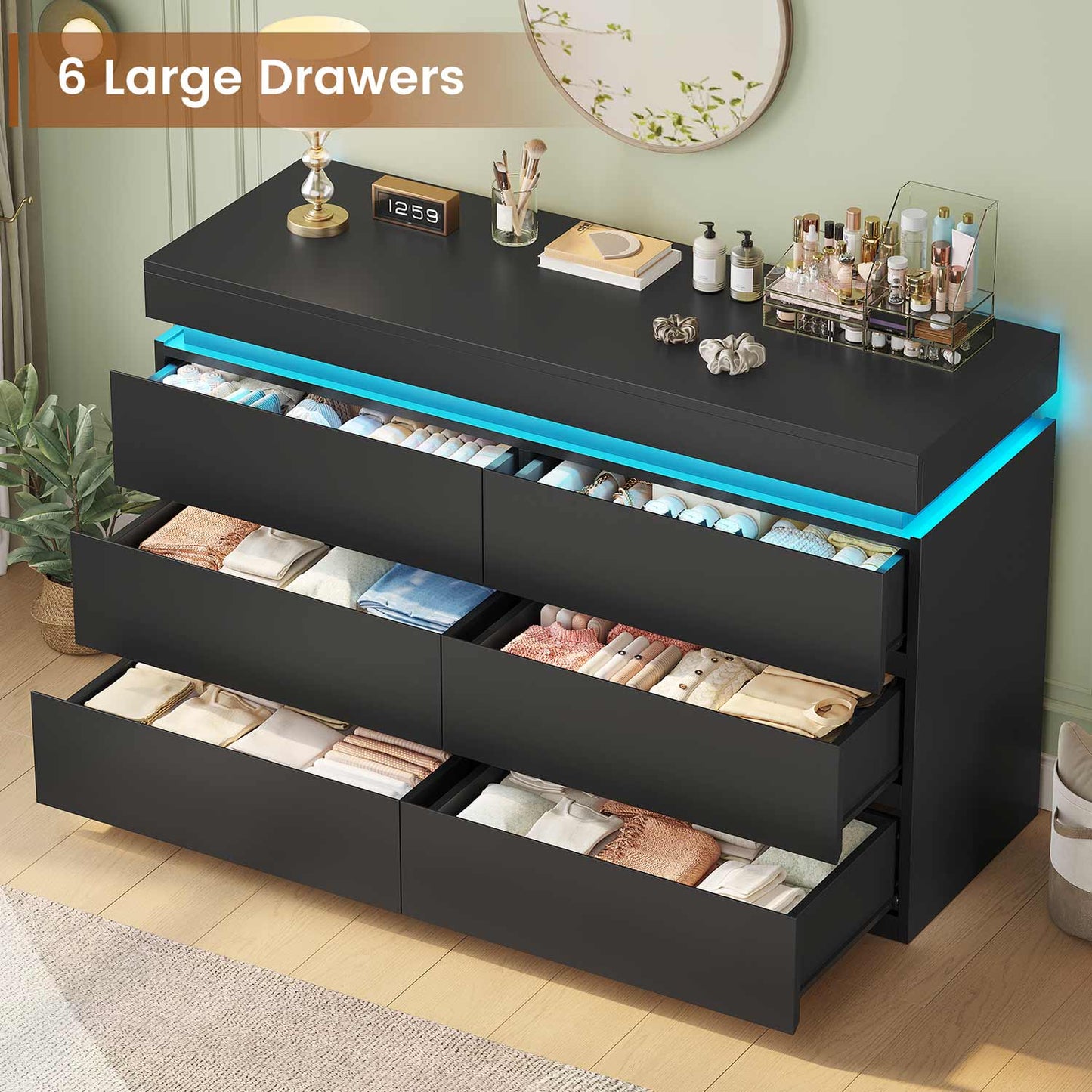 HAUOMS Dresser Black 6 Drawer Dresser with LED Light, Black