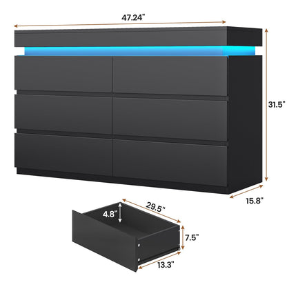 HAUOMS Dresser Black 6 Drawer Dresser with LED Light, Black