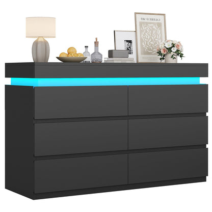 HAUOMS Dresser Black 6 Drawer Dresser with LED Light, Black