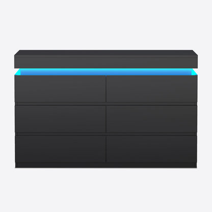 HAUOMS Dresser Black 6 Drawer Dresser with LED Light, Black