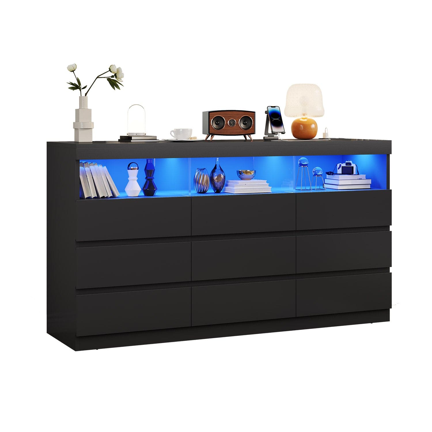 HAUOMS Dresser Black / Engineered Wood / Modern HAUOMS LED 9 Drawers Dresser Black