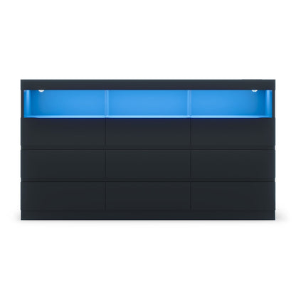 HAUOMS Dresser Black / Engineered Wood / Modern HAUOMS LED 9 Drawers Dresser Black