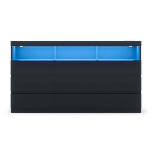 HAUOMS Dresser Black / Engineered Wood / Modern HAUOMS LED 9 Drawers Dresser Black