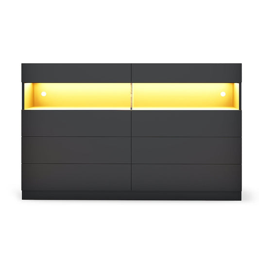 HAUOMS Dresser Black / Engineered Wood / Modern LED Dresser 6 Drawers Black