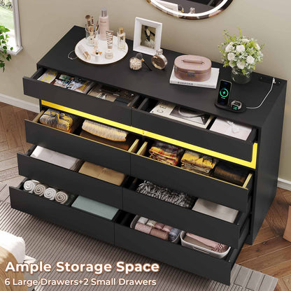 Hauoms Dresser Black / Engineered Wood / Modern LED Dresser 6 Drawers Black