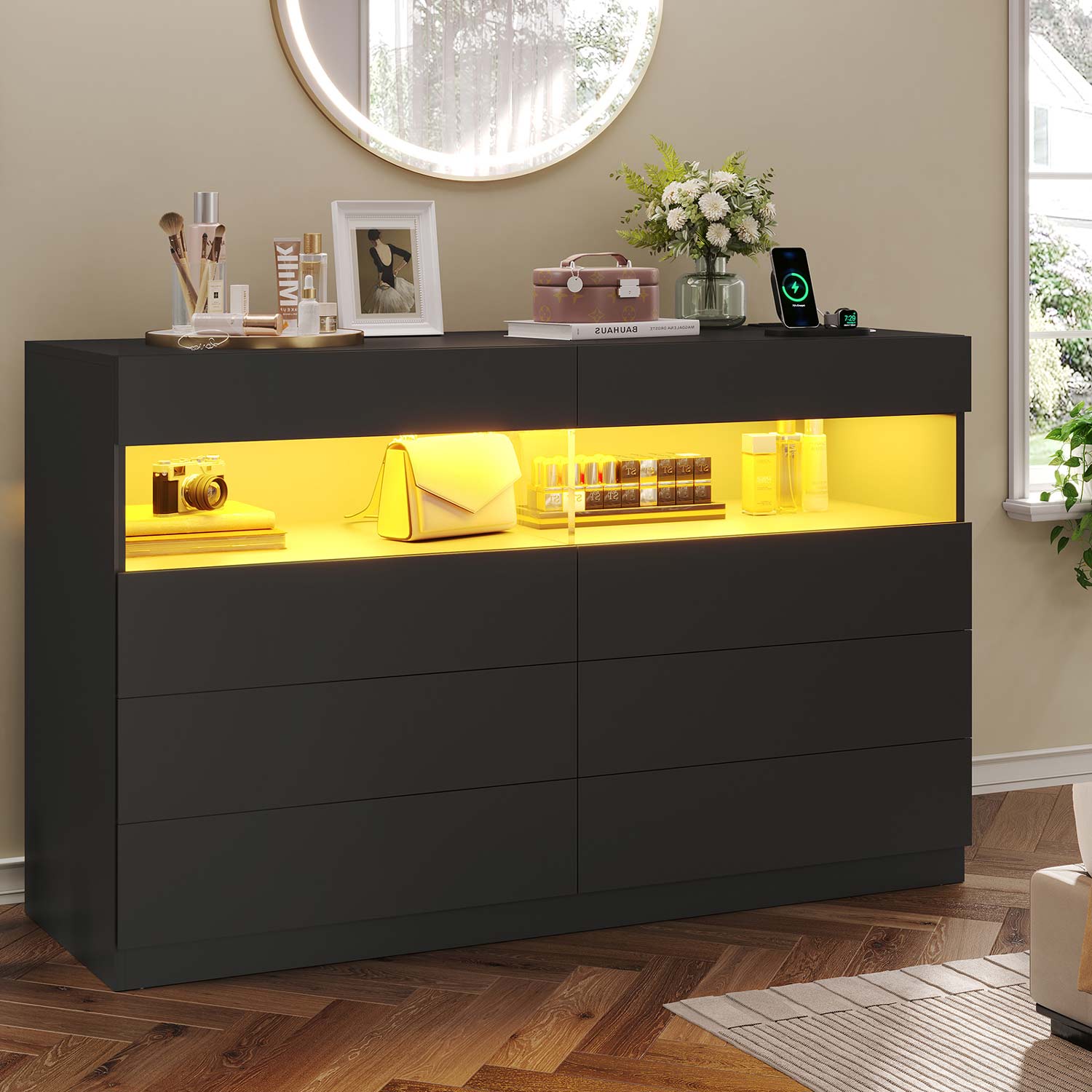 Hauoms Dresser Black / Engineered Wood / Modern LED Dresser 6 Drawers Black