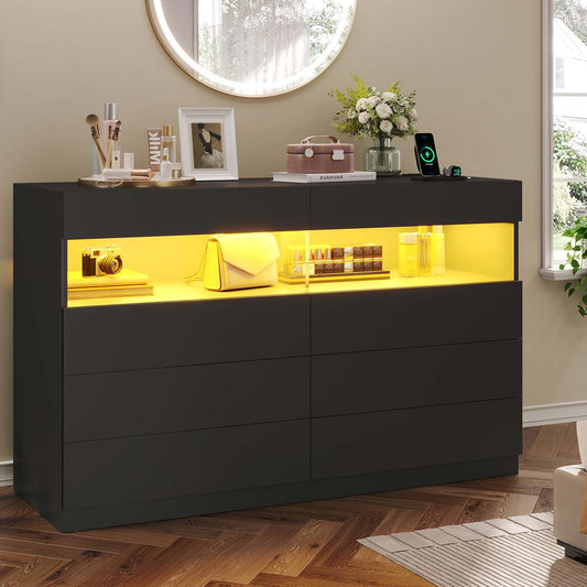 Hauoms Dresser Black / Engineered Wood / Modern LED Dresser 6 Drawers Black