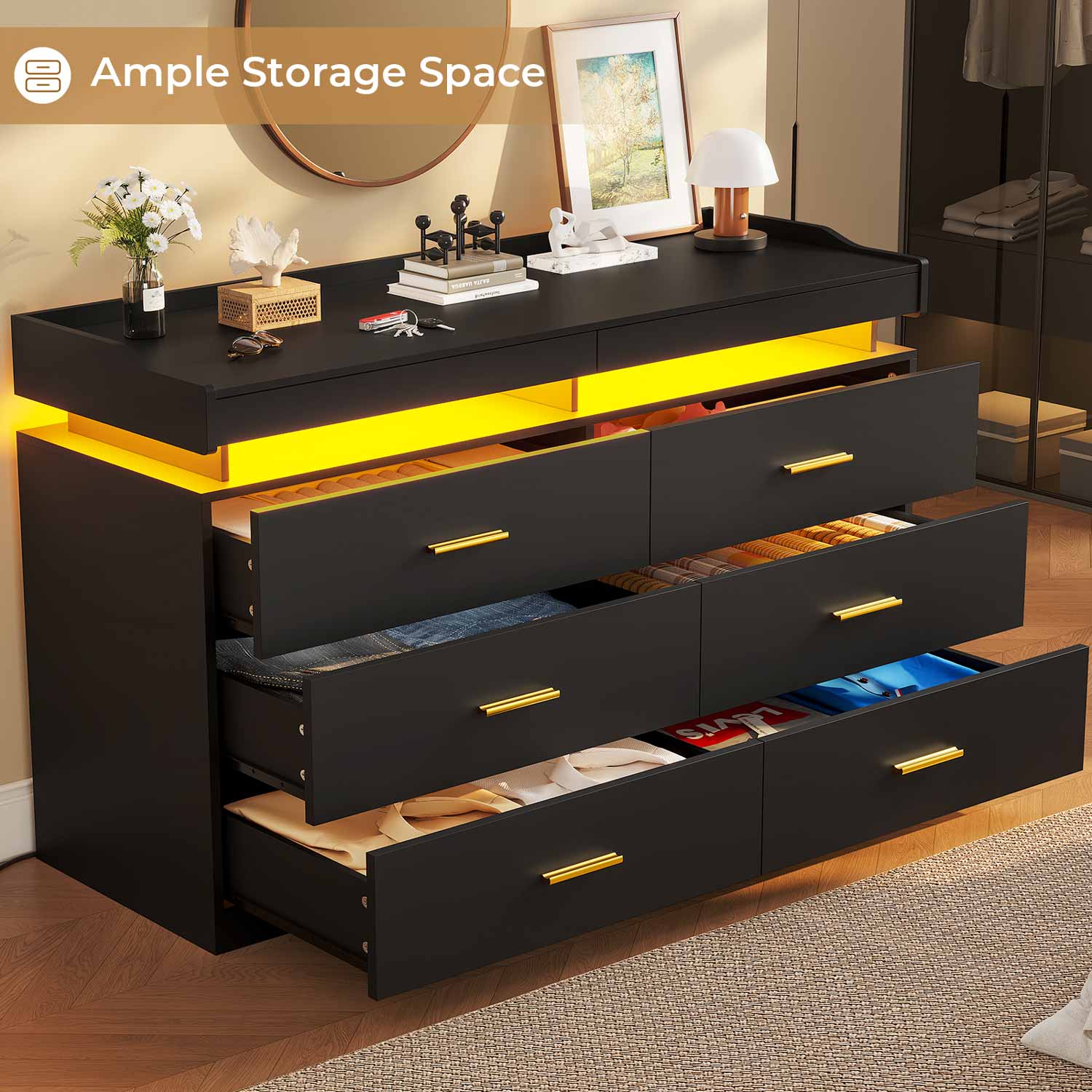 Hauoms Dresser Black / Engineered Wood / Modern LED Dresser with 6 Drawers Black