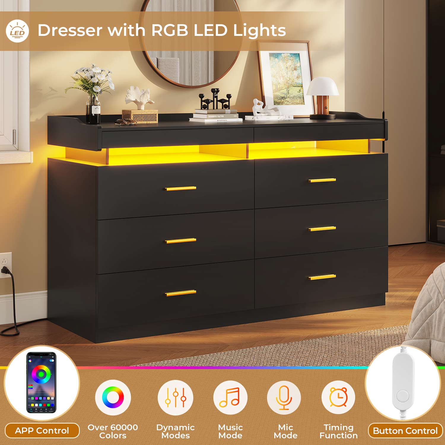 Hauoms Dresser Black / Engineered Wood / Modern LED Dresser with 6 Drawers Black