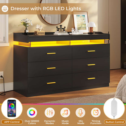 Hauoms Dresser Black / Engineered Wood / Modern LED Dresser with 6 Drawers Black
