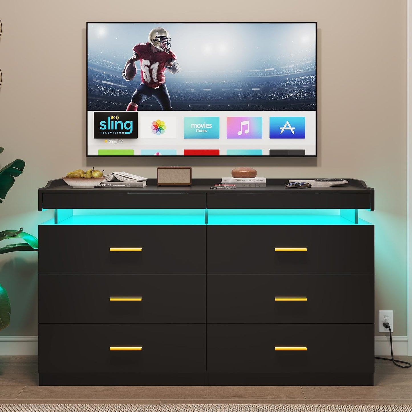 Hauoms Dresser Black / Engineered Wood / Modern LED Dresser with 6 Drawers Black