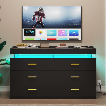 Hauoms Dresser Black / Engineered Wood / Modern LED Dresser with 6 Drawers Black
