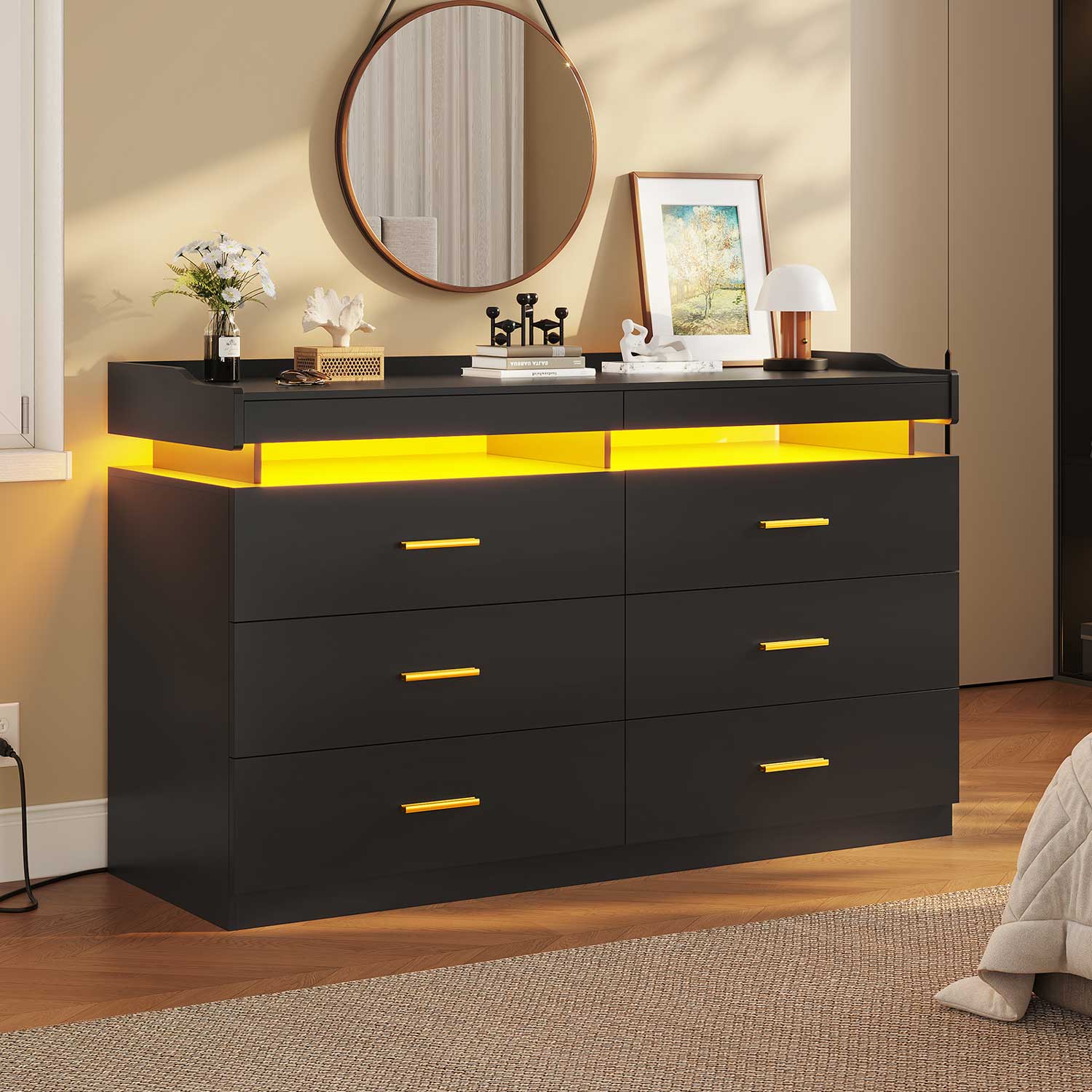 Hauoms Dresser Black / Engineered Wood / Modern LED Dresser with 6 Drawers Black