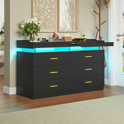 Hauoms Dresser Black / Engineered Wood / Modern LED Dresser with 6 Drawers Black