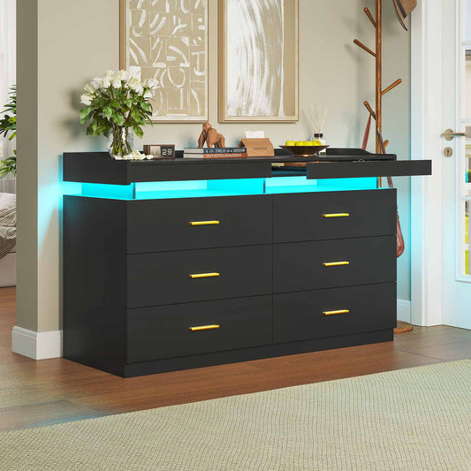 Hauoms Dresser Black / Engineered Wood / Modern LED Dresser with 6 Drawers Black