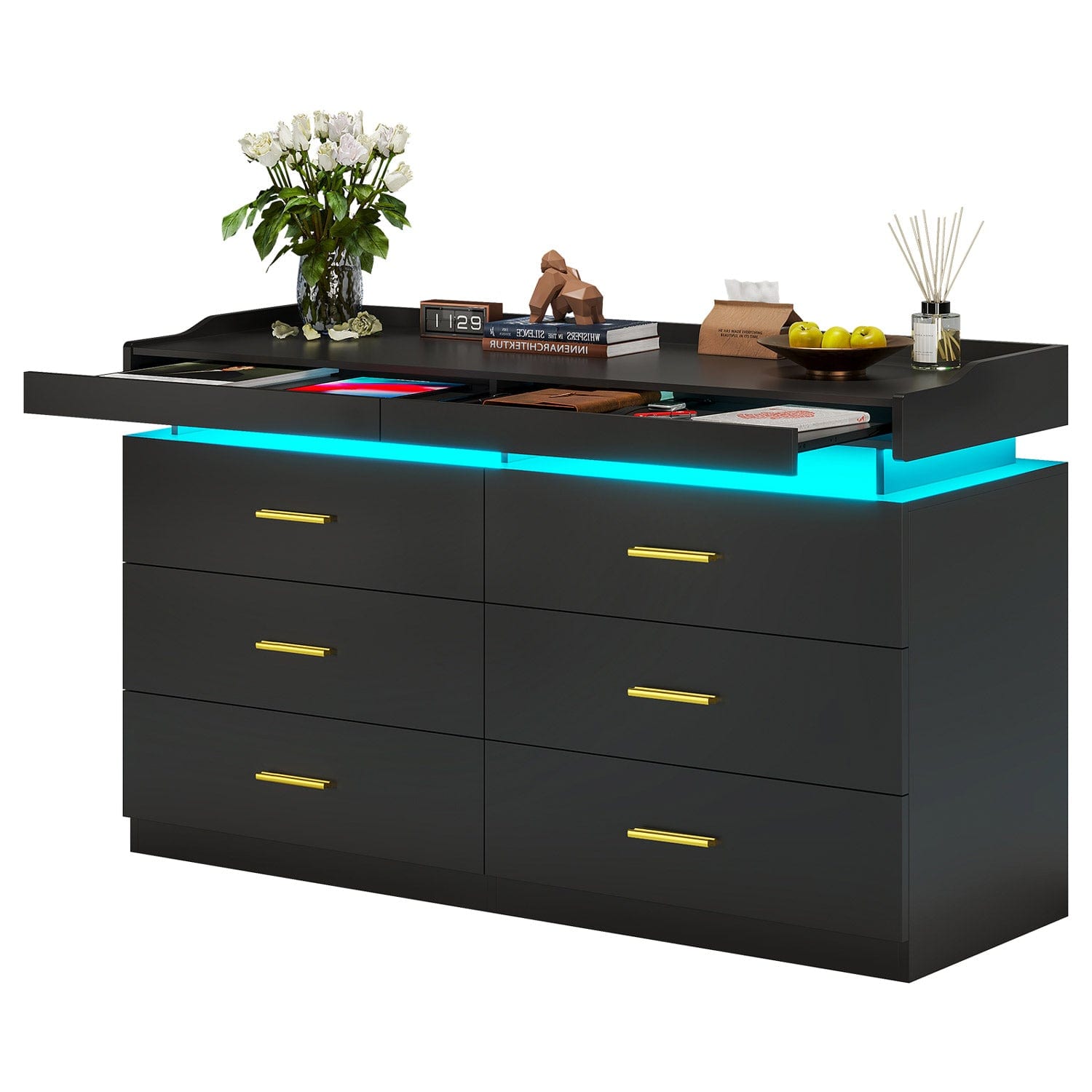 Hauoms Dresser Black / Engineered Wood / Modern LED Dresser with 6 Drawers Black