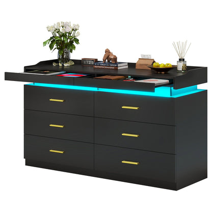 Hauoms Dresser Black / Engineered Wood / Modern LED Dresser with 6 Drawers Black
