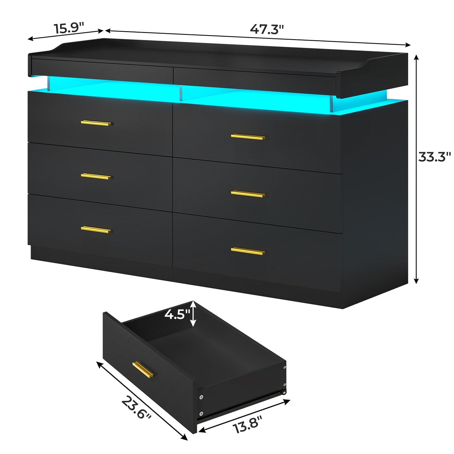Hauoms Dresser Black / Engineered Wood / Modern LED Dresser with 6 Drawers Black