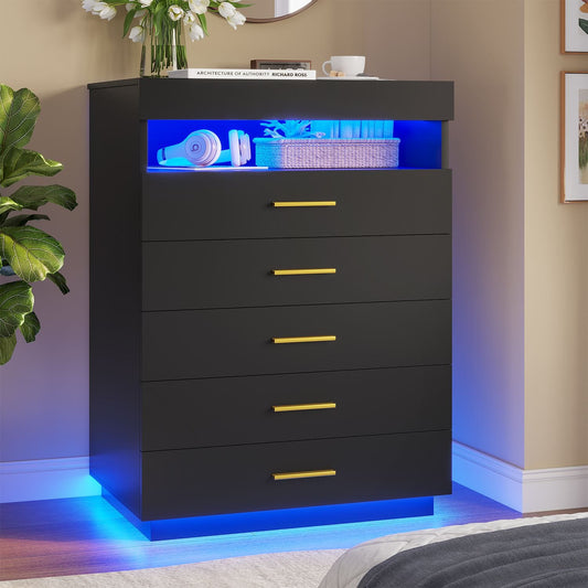Hauoms Dresser Black / Engineered Wood / Modern Modern LED Floating Black Dresser