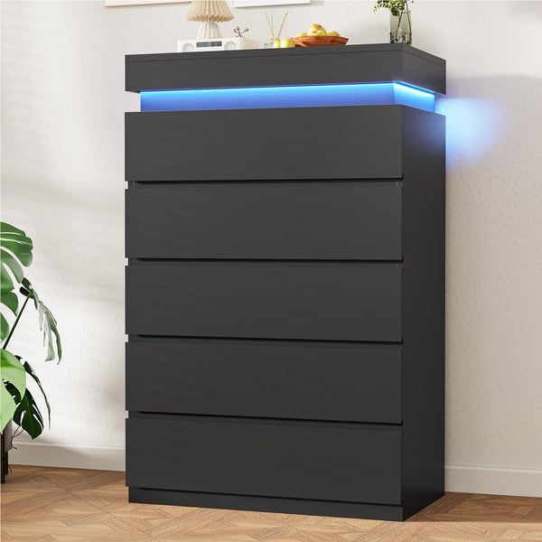 HAUOMS Dresser Black HAUOMS 44.9" Tall Dresser with 5 Drawers and LED Light Modern Chest of Drawers for Bedroom Living Room Entryway Hallway