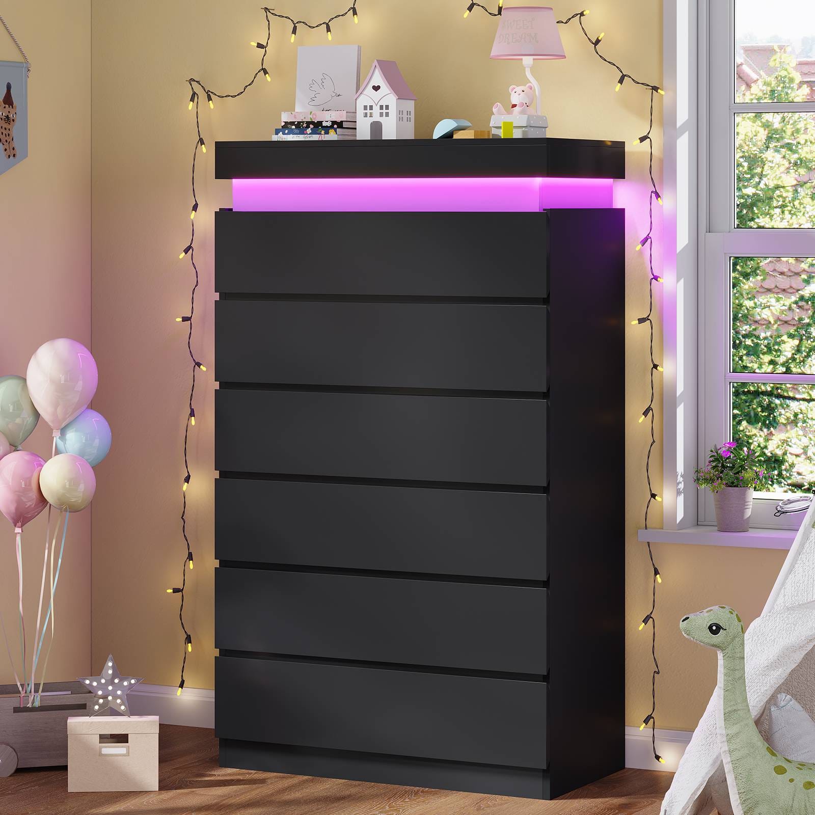 HAUOMS Dresser Black HAUOMS 52.6" Tall Dresser with 6 Drawers and LED Lights Modern Chest of Drawers for Bedroom Living Room