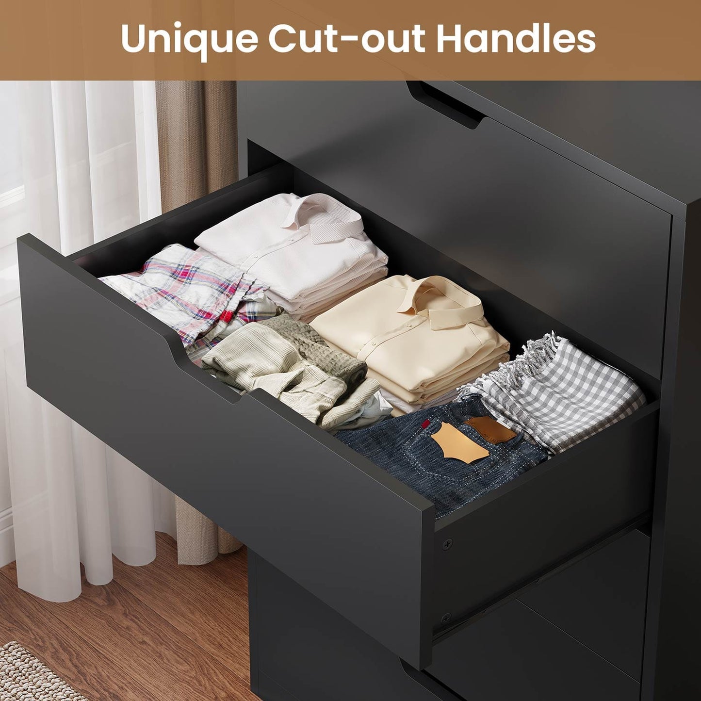 HAUOMS Dresser Black Tall 5 Drawer Dresser, Black