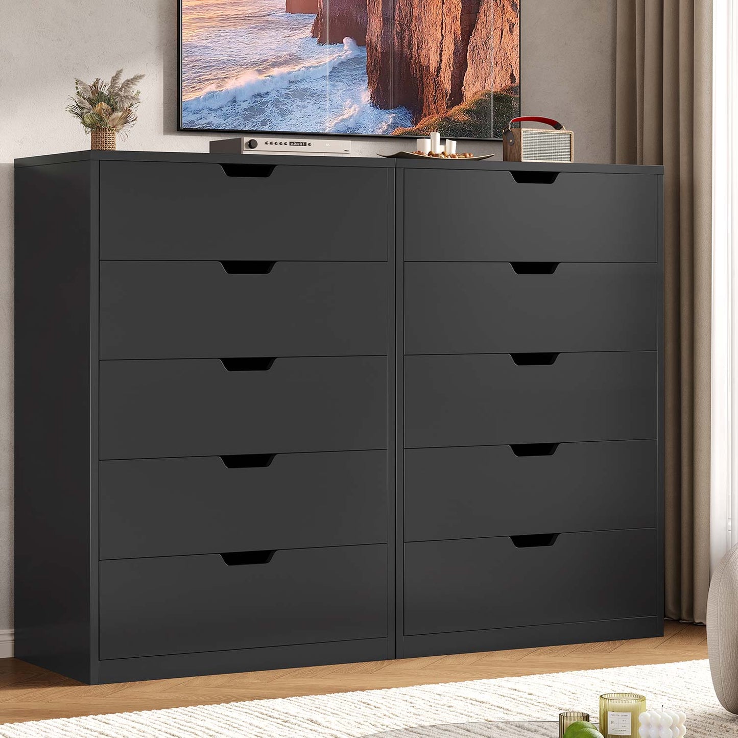 HAUOMS Dresser Black Tall 5 Drawer Dresser, Black