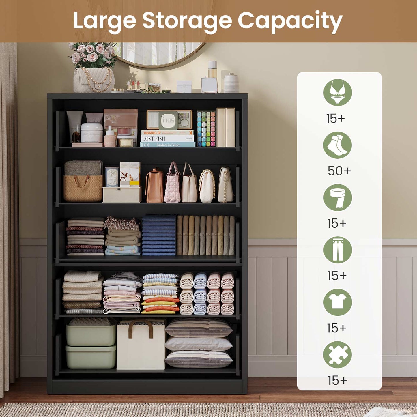 HAUOMS Dresser Black Tall 5 Drawer Dresser, Black