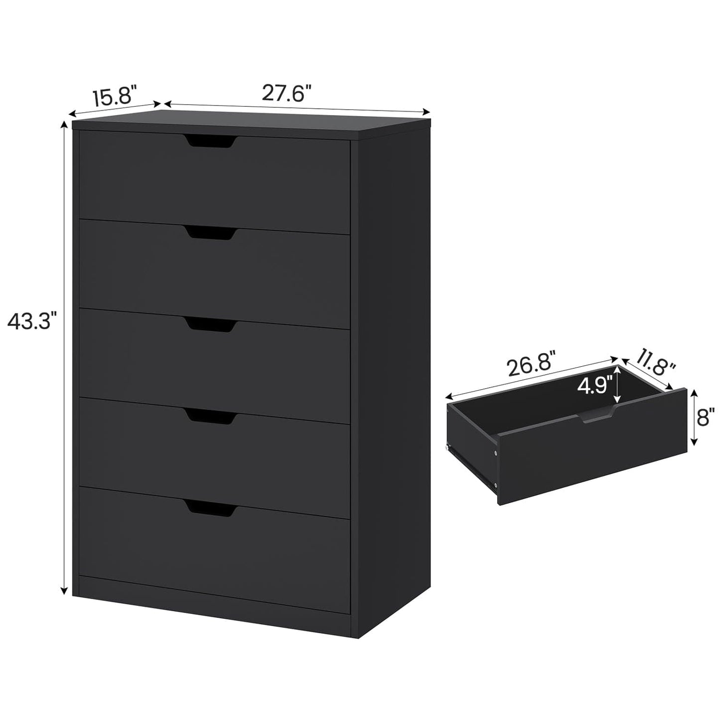 HAUOMS Dresser Black Tall 5 Drawer Dresser, Black