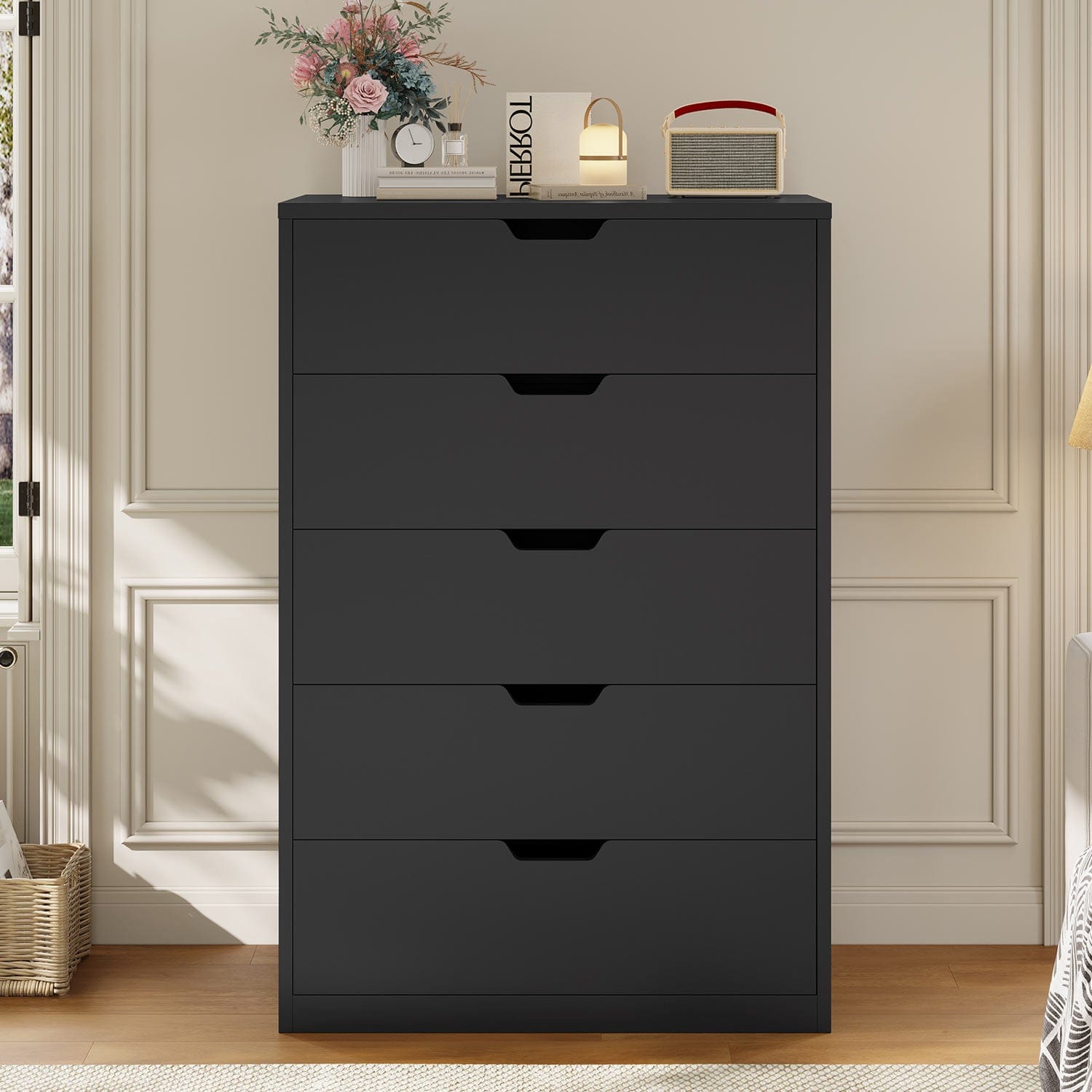 HAUOMS Dresser Black Tall 5 Drawer Dresser, Black